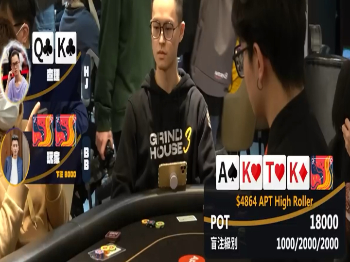 对手打的很松，基本确定没有对子能凑成葫芦，三条k，天大了