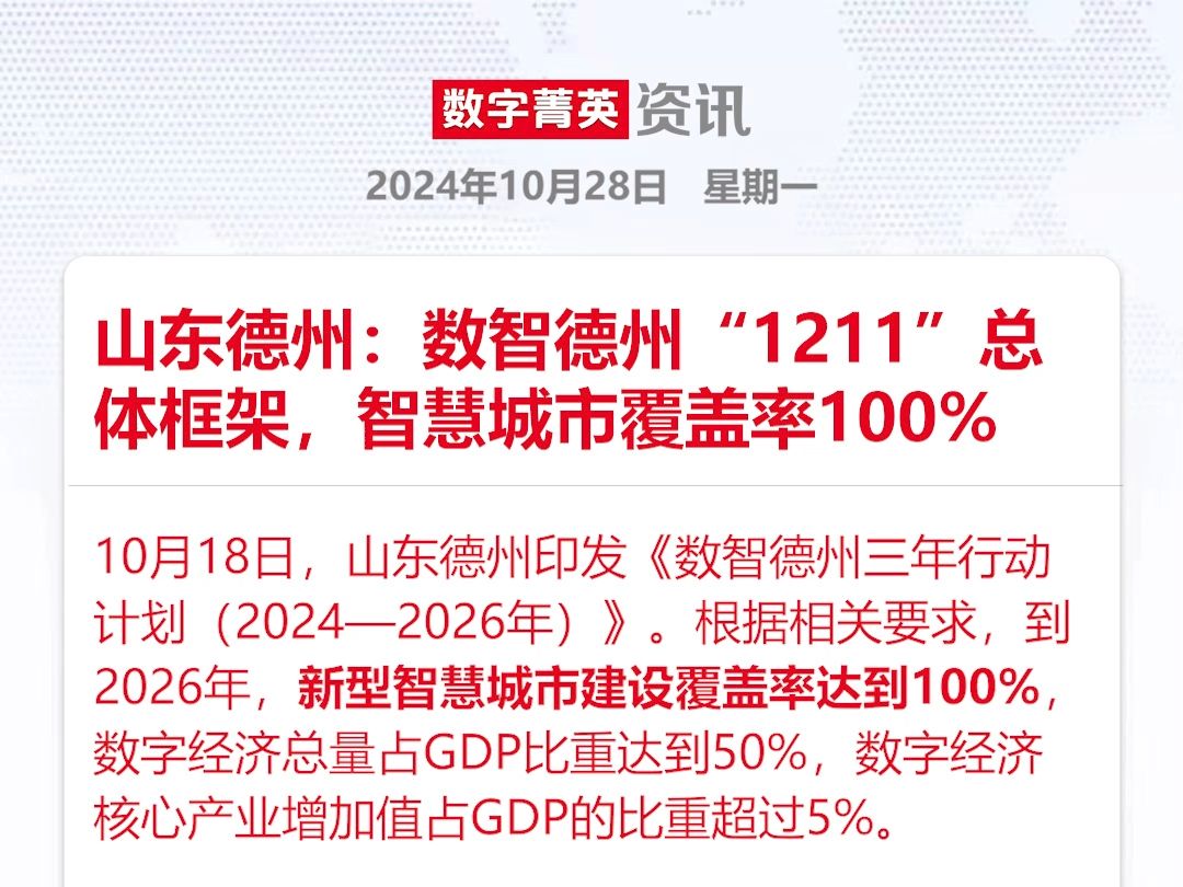 德州：数智德州“1211”总体框架，智慧城市覆盖率100%