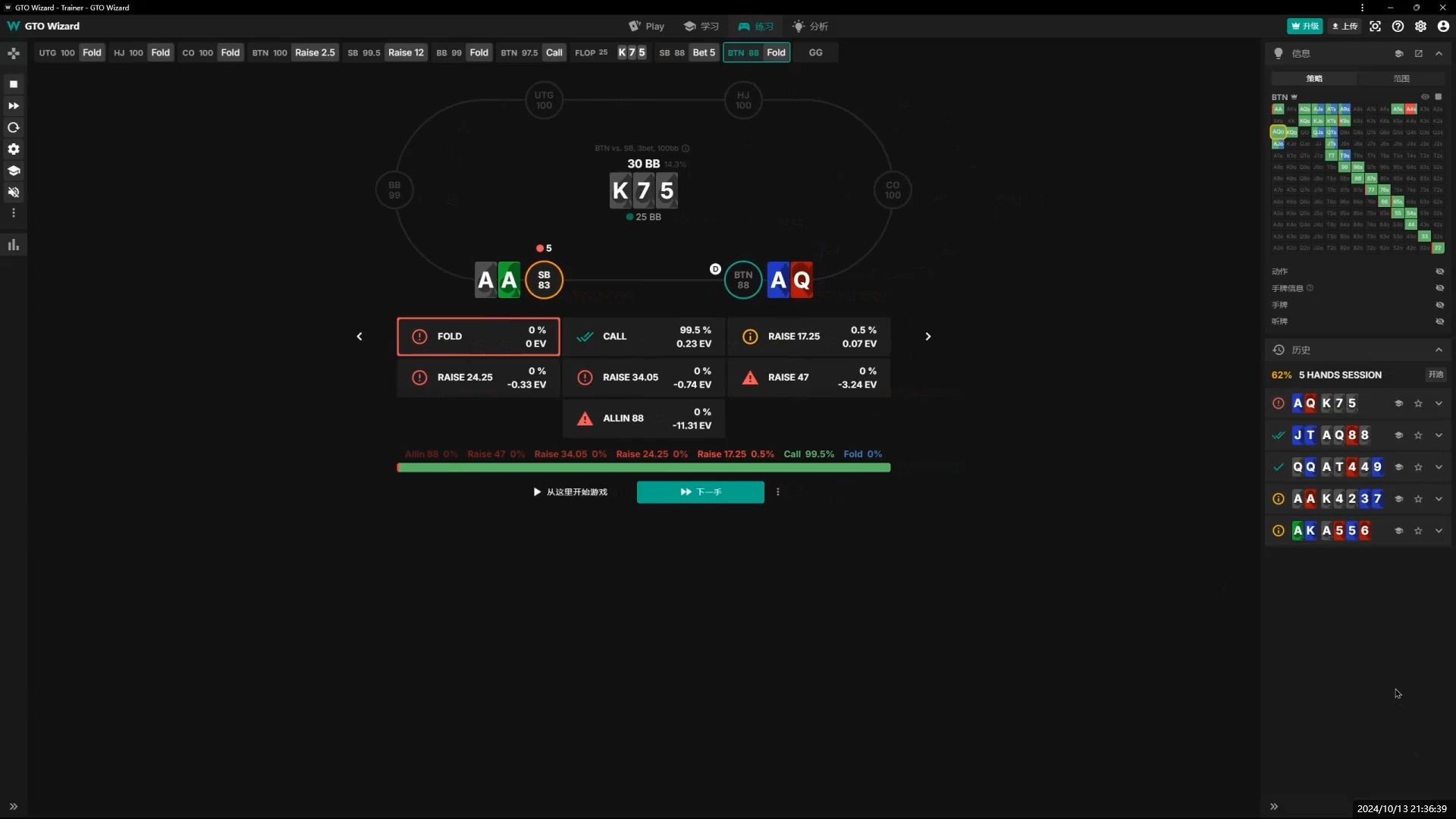 poker小白每日GTO手牌十练day5(有利位置天花面如何防守？)
