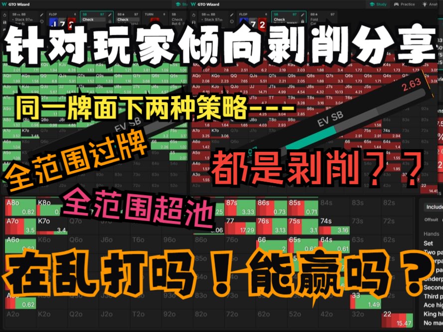 全范围过牌与全范围超池在这里竟然都可以提升ev？两种是剥削思路！？从SB vs. BB SRP J73r 入手，分享两种剥削思考与实战中同样场景的类比应用