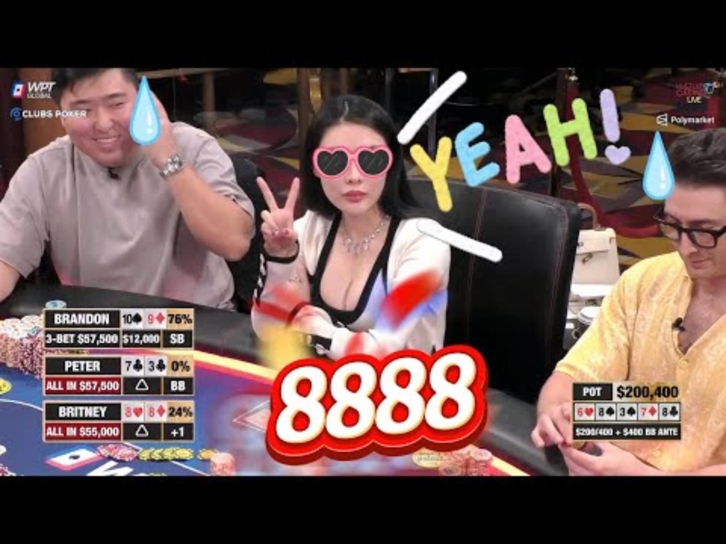 【必看德州扑克】小甜甜Britney炸弹8888到手，炸死两个老板！超高额德州现金桌，20季77