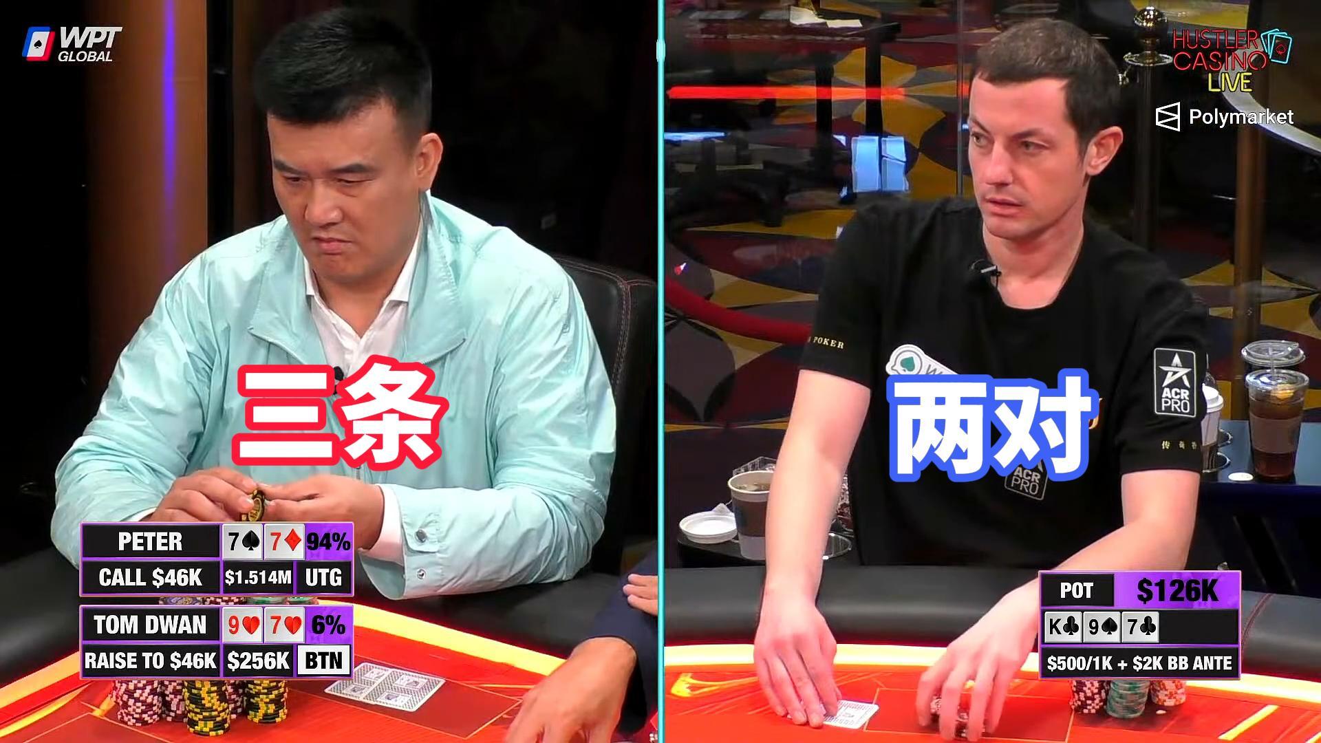 百万赛dwan哥翻牌两对遇见冤家牌天三条！