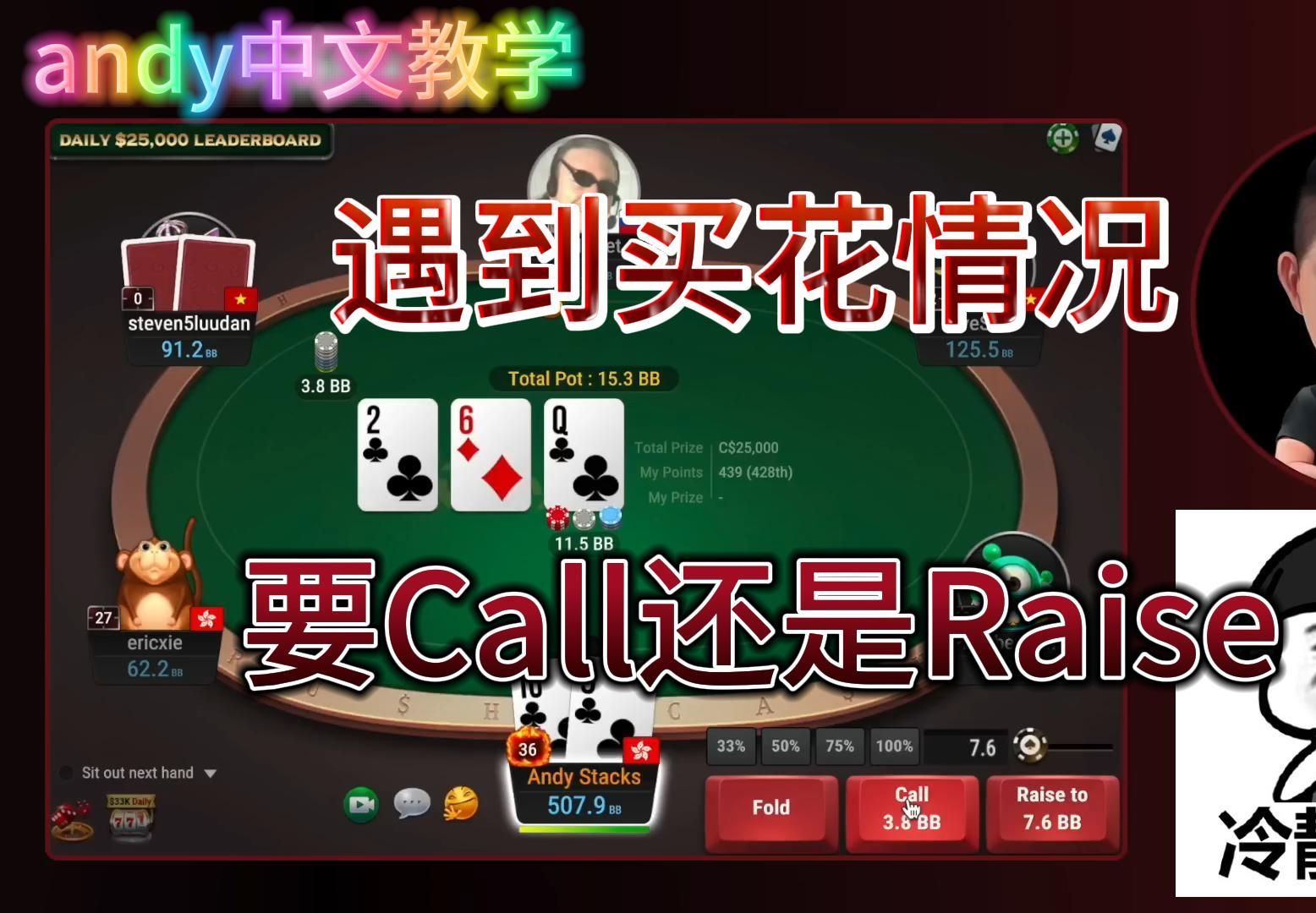 【andy中文教学】遇到买花的情况，是要call还是raise？