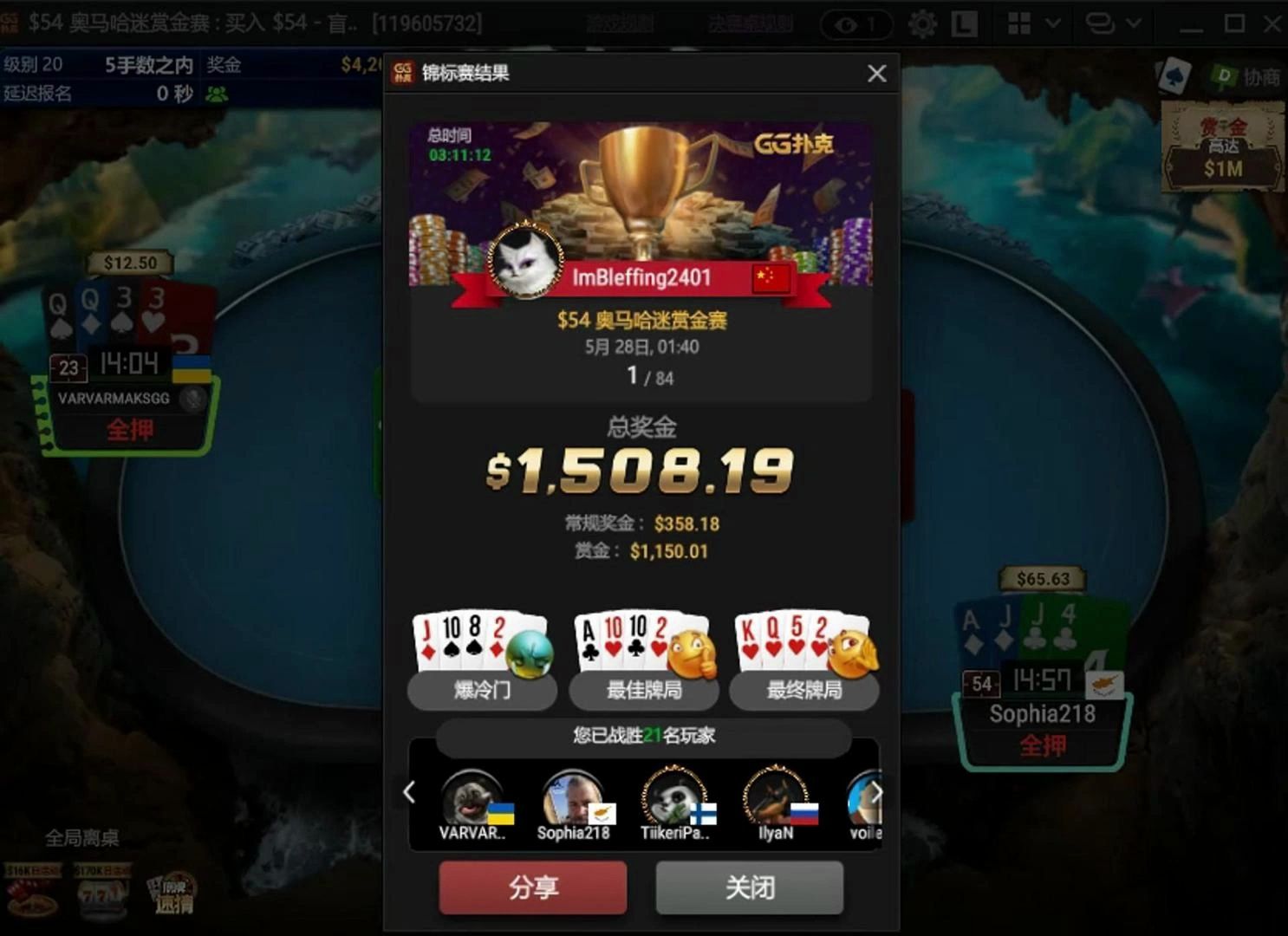 GG扑克54刀奥马哈夺冠手牌集锦（无脑CL霸凌全桌）