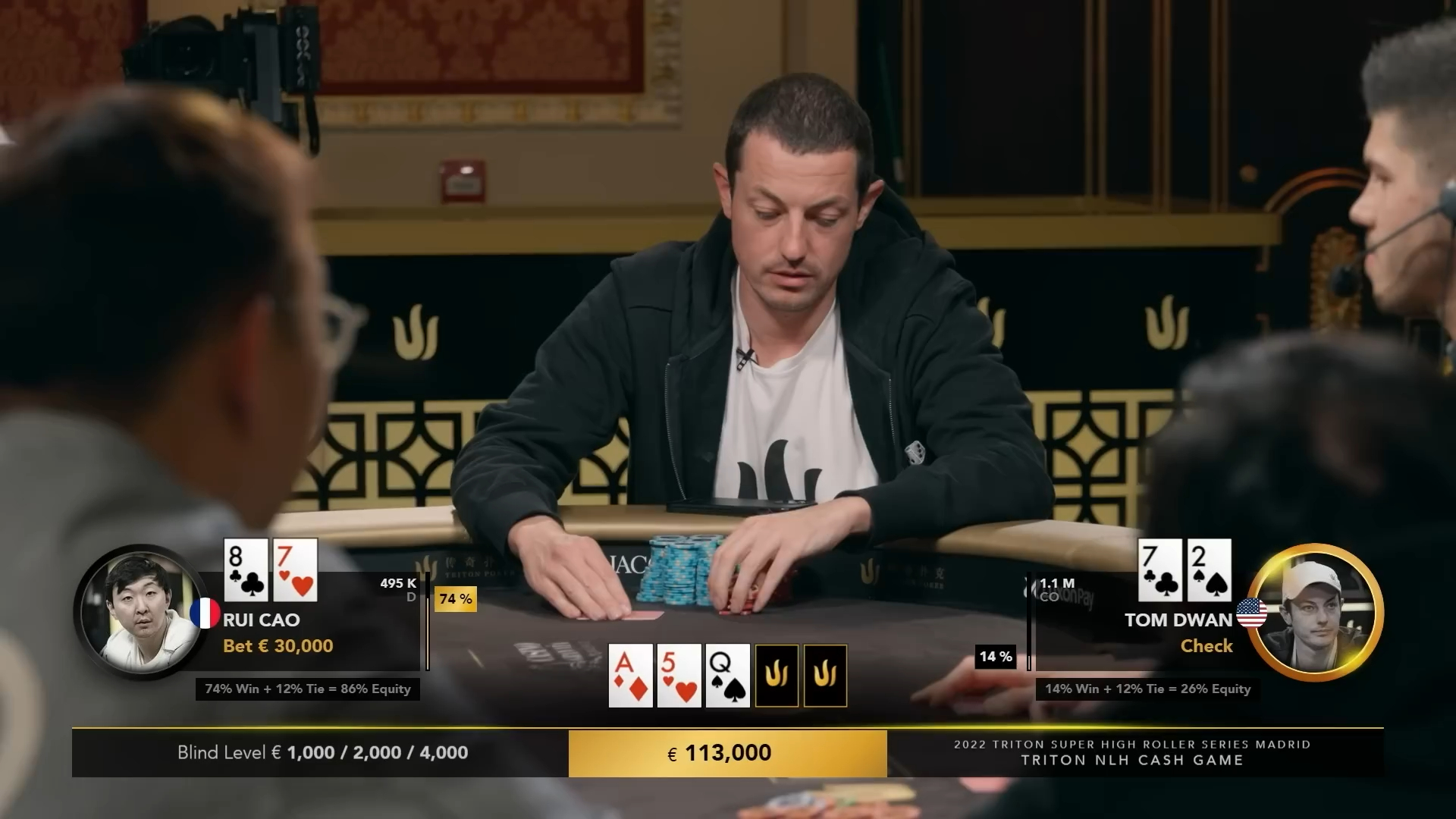 【传奇扑克】Tom Dwan vs Rui Cao ，8high 打 7high，不愧是大华夏的松凶战神！