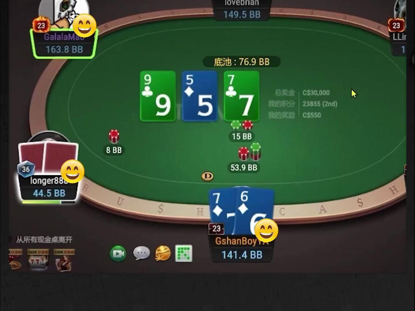 【吉祥】：你永远猜不到他的牌是38o，西八，河底还掉个3！！
