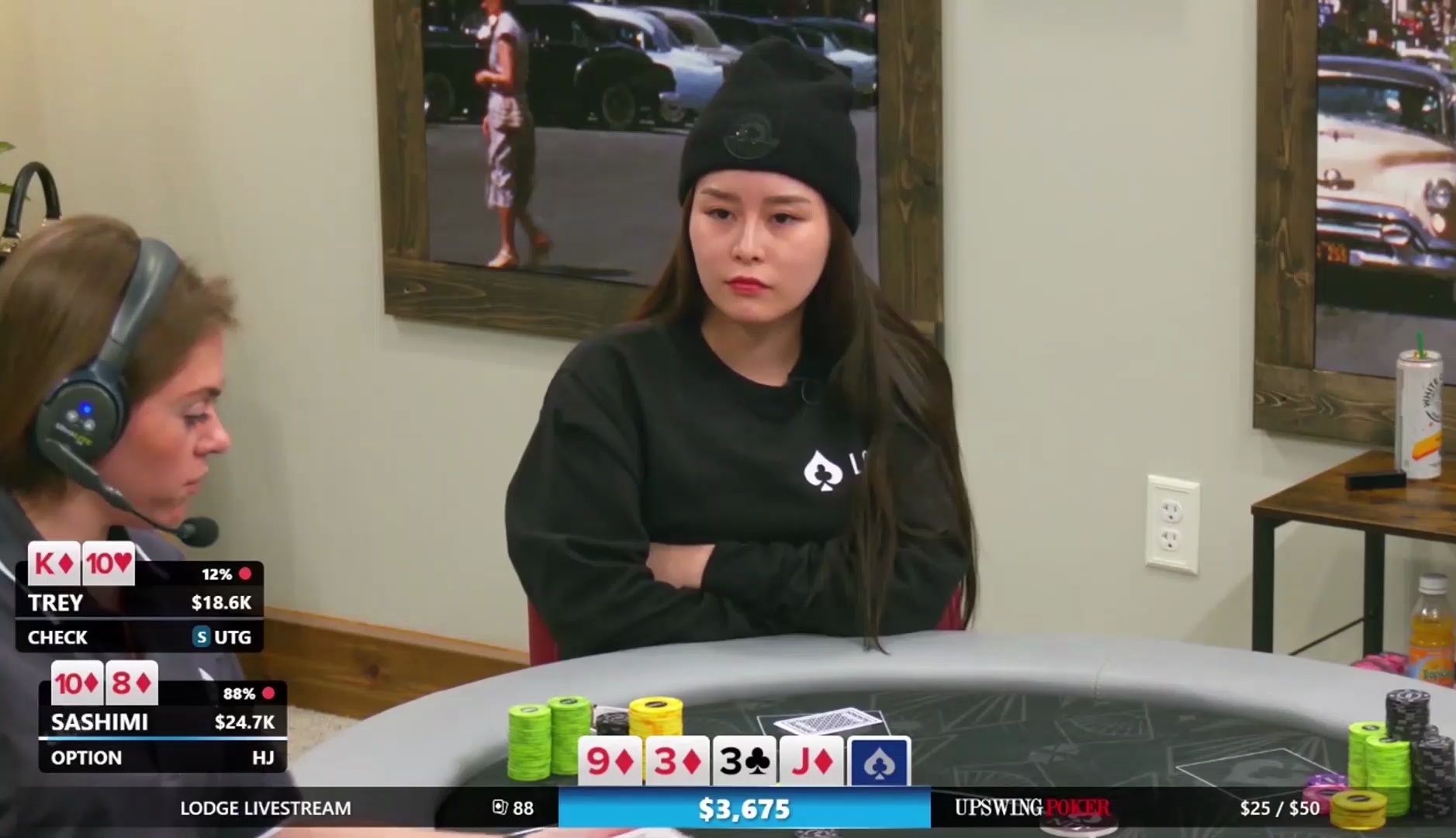 【大鹏德州扑克】转牌中花，美女SASHIMI疯狂吃鱼！