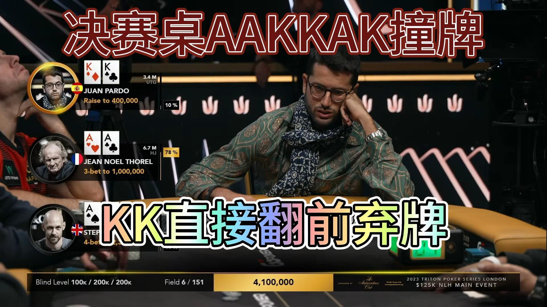 【传奇扑克MTT】125K主赛FT1：AAKKAK撞牌，KK竟然直接翻前丢了，难以置信！