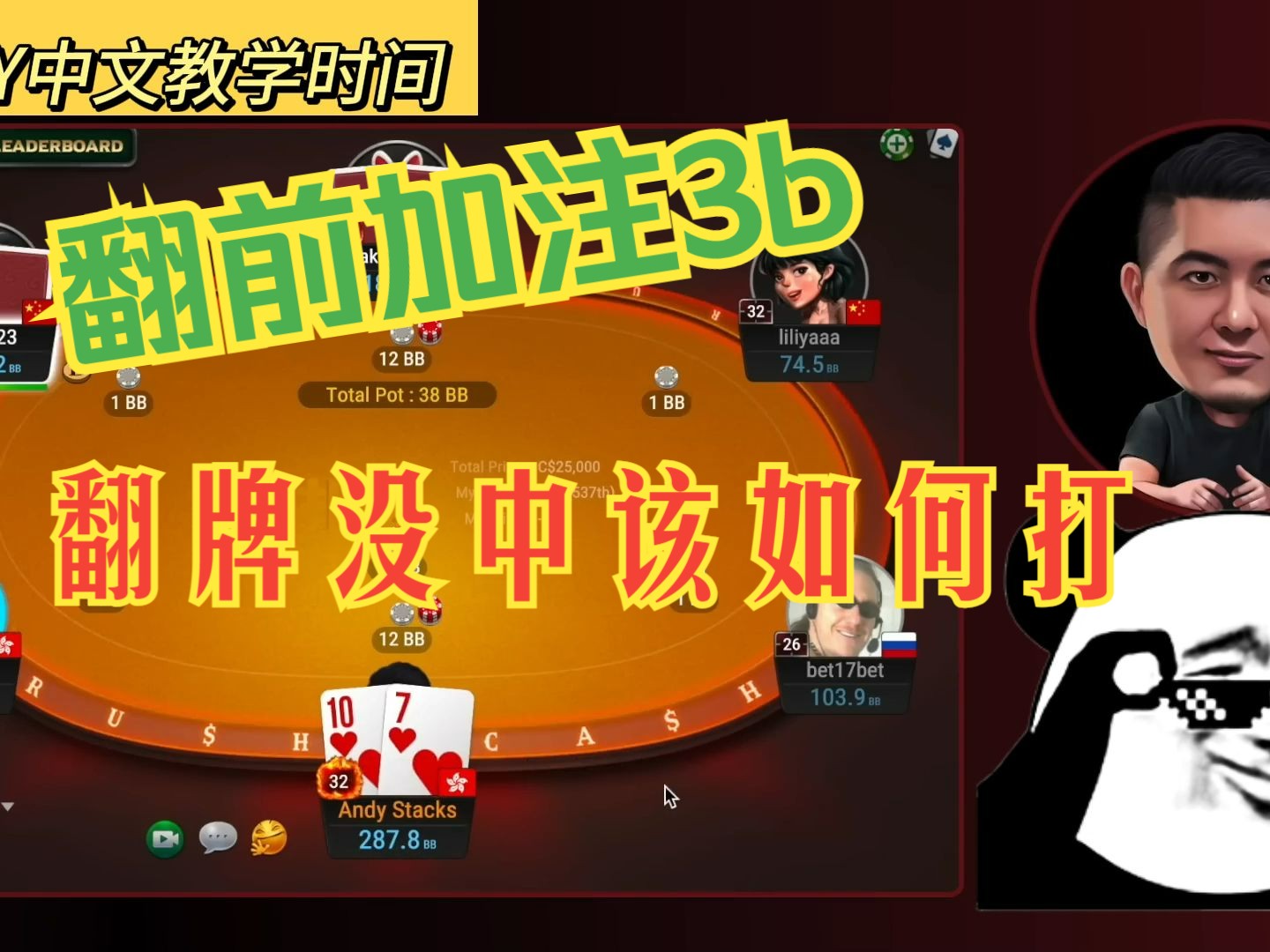 【andy中文教学】：翻前加注3bet，flop不中该如何打